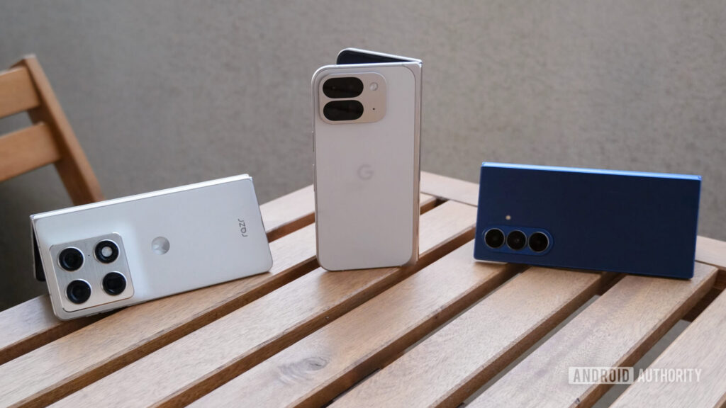 A Pixel 9 Pro Fold in between a Razr Fold and Galaxy Z Fold 7.