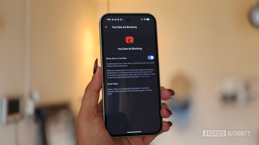YouTube Ad Blocking setting on DuckDuckGo browser