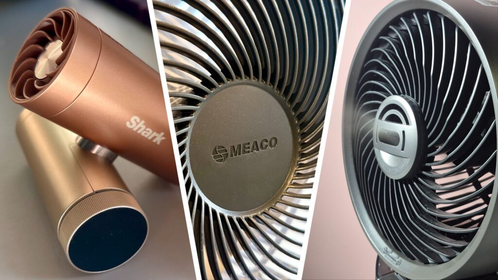Split image of Shark, Meaco, and Dreo fans