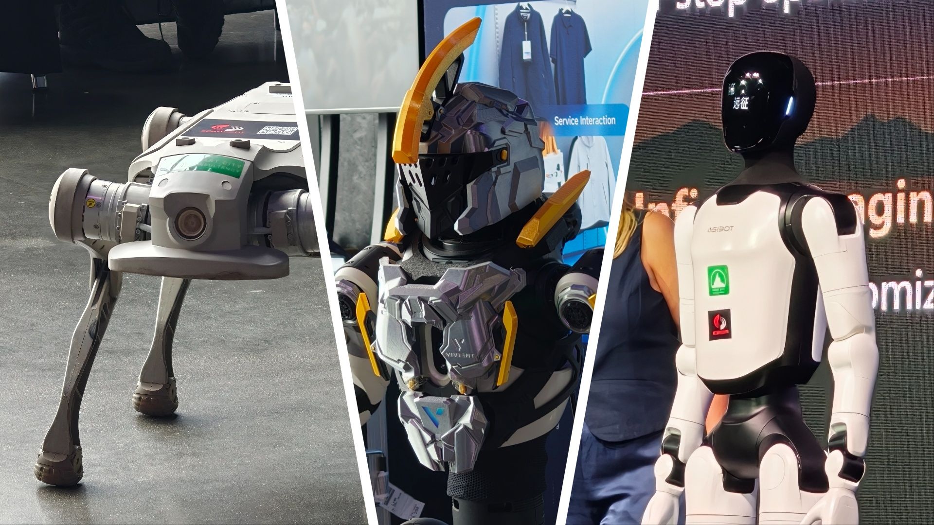 Three Agibot robots lined up alongside one another